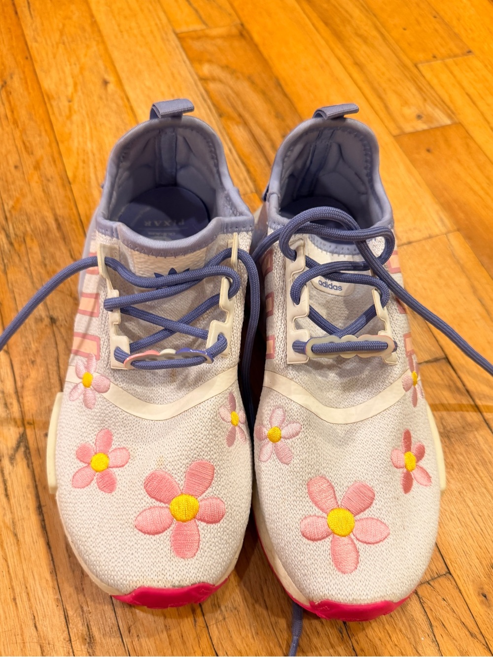 adidas Kids Light Gray Sneakers with Pink Flower Embroidery